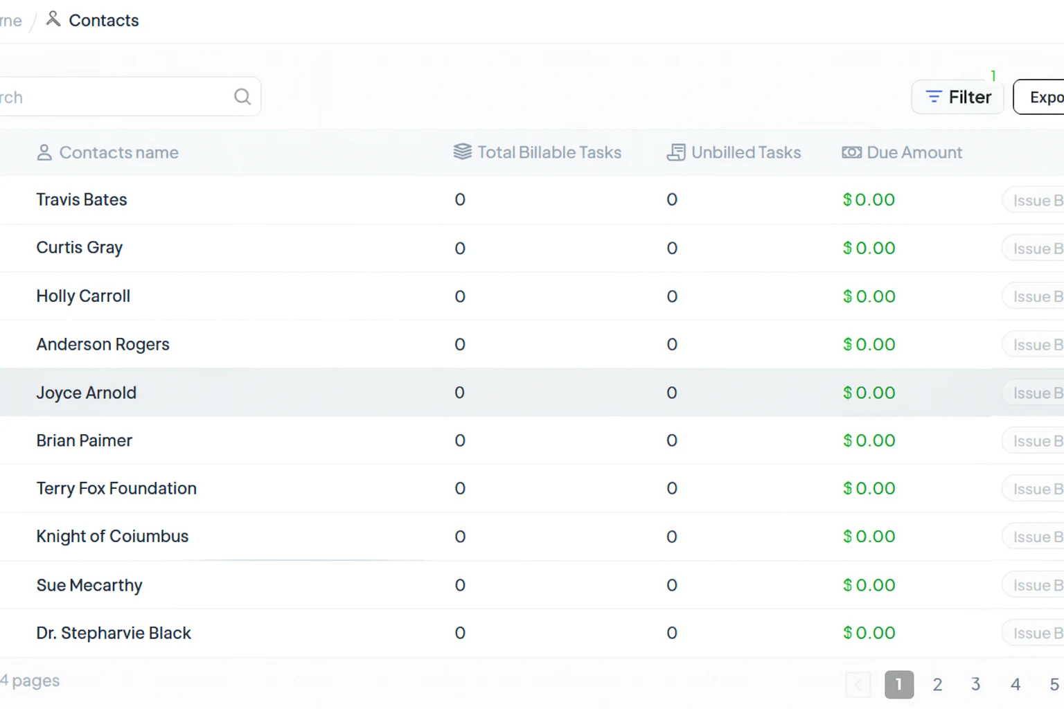 Contacts List Billing View
