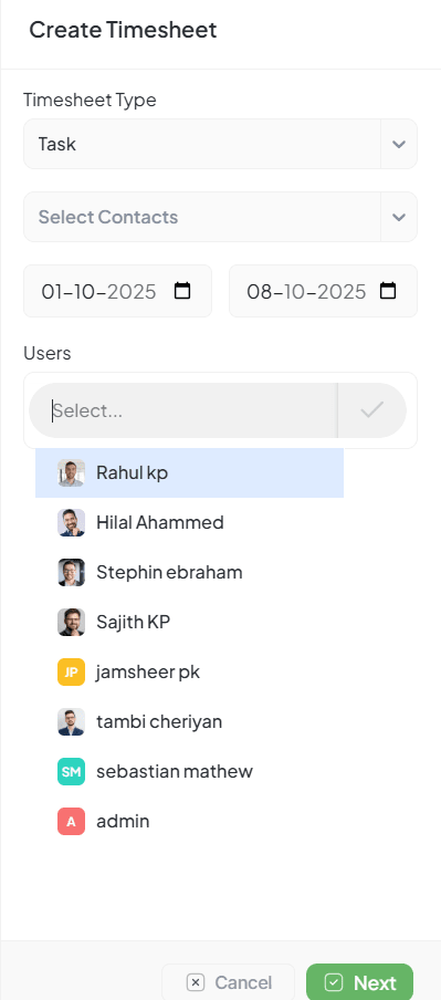 Create Timesheet Modal Interface