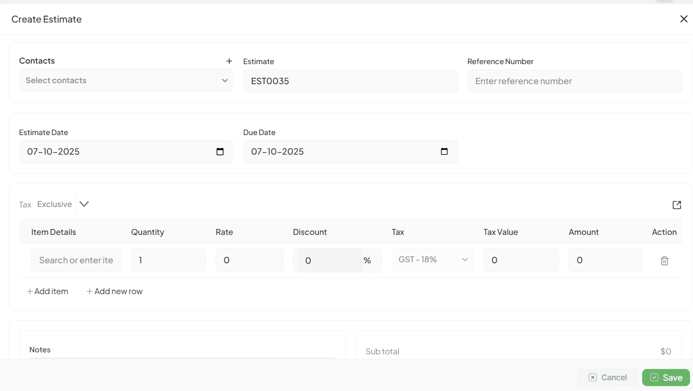 Create Estimate Interface