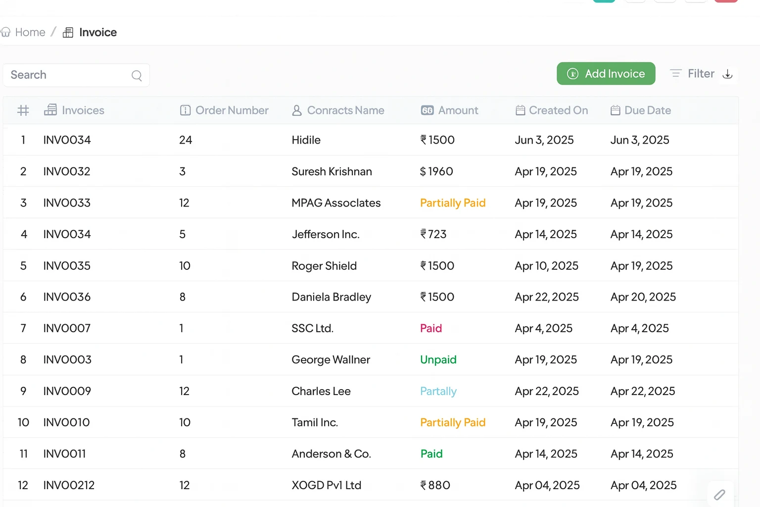 Invoice List Interface