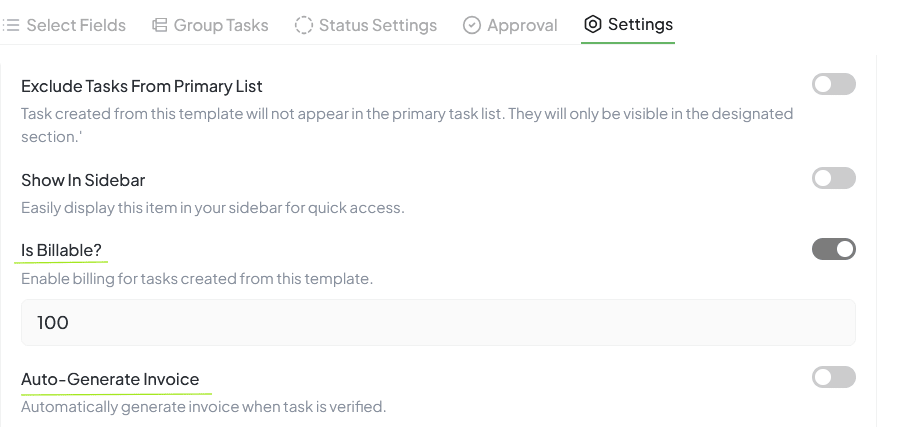 Task Template Settings
