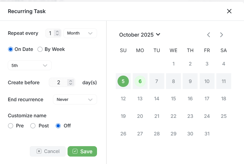 Monthly Recurrence Settings