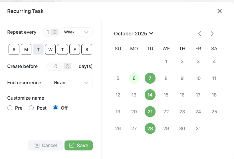 Weekly Recurrence Settings