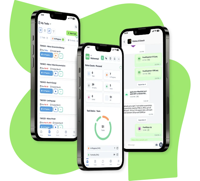 Hidesc mobile app showing client tasks, task status dashboards and document sharing in chat