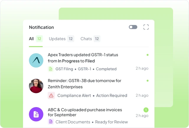 Hidesc notifications for GST filing updates, due-date reminders and client document uploads
