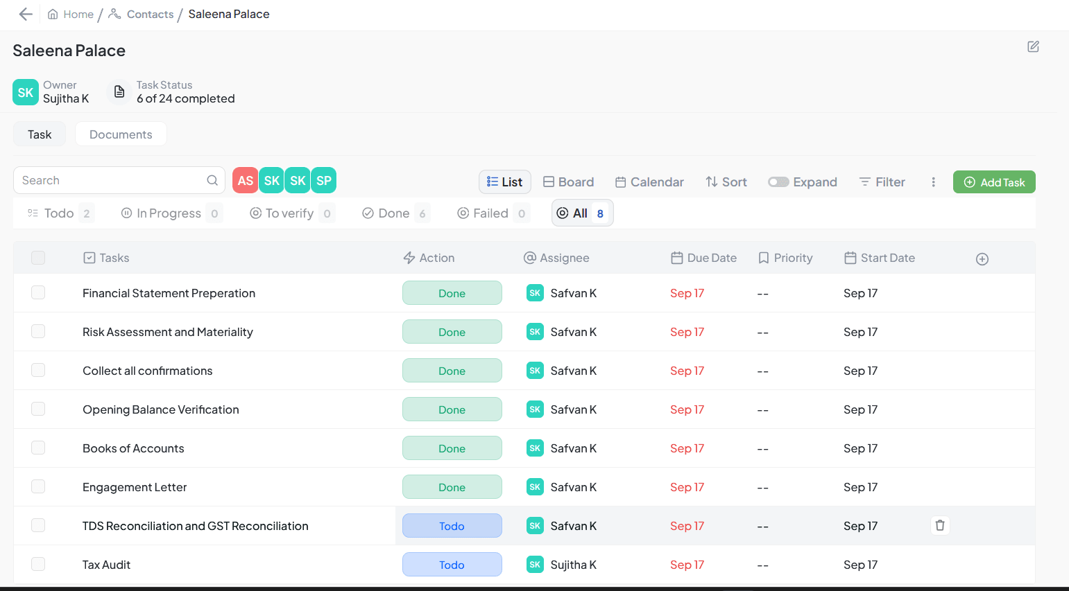 Contact Single Page Task View