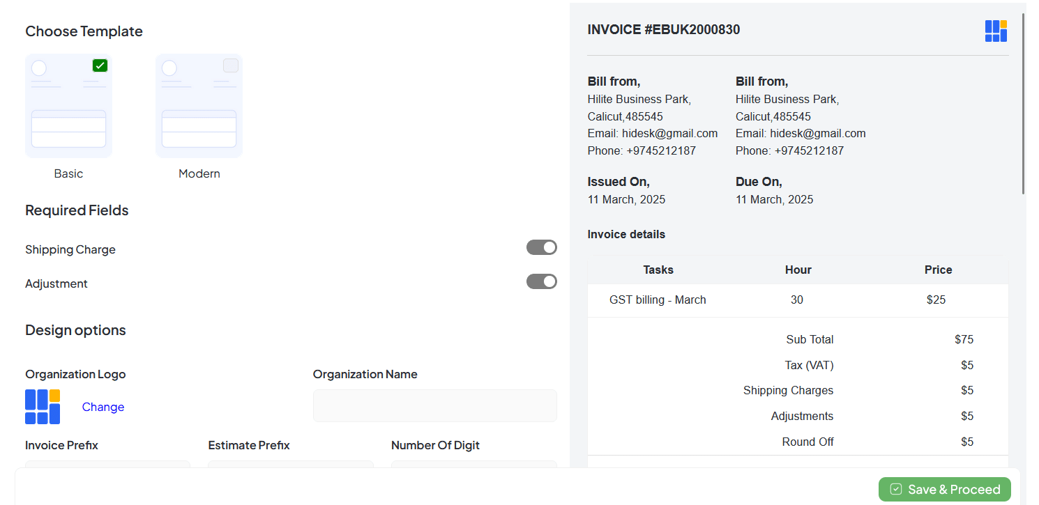 Invoice Settings Interface