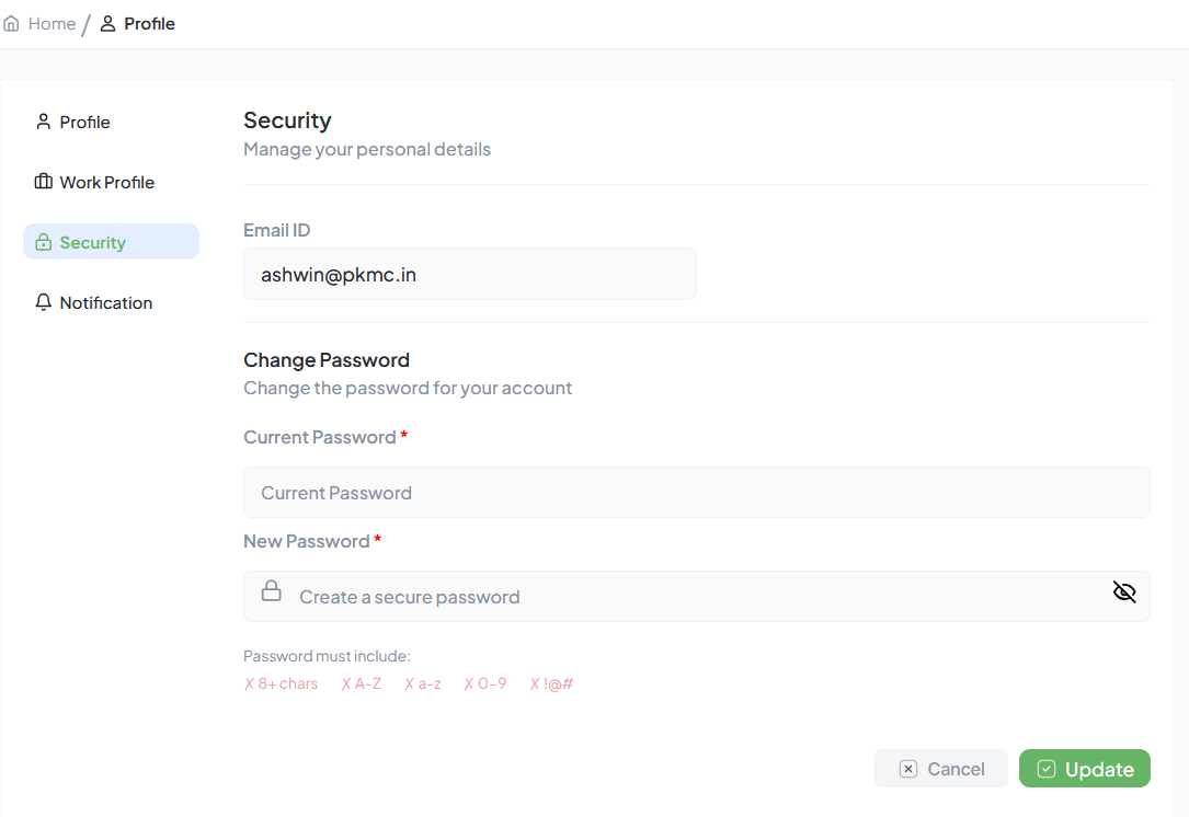 Profile Security Section