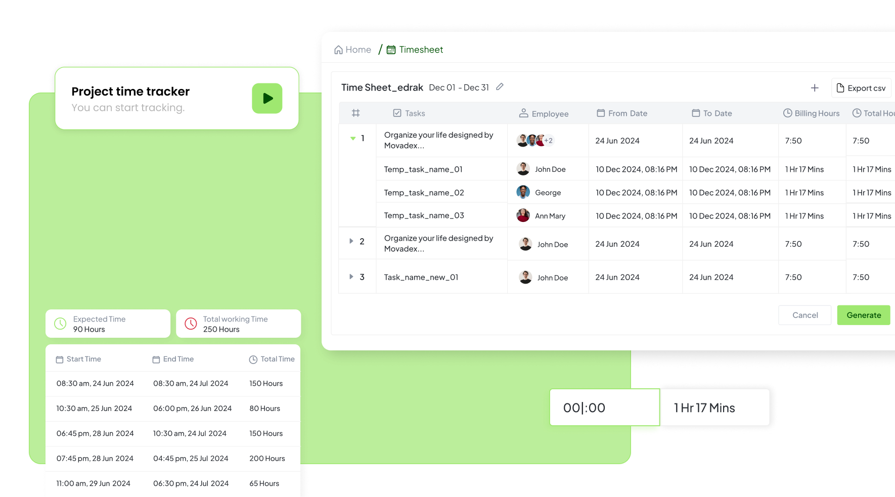 Time tracking dashboard with live timers